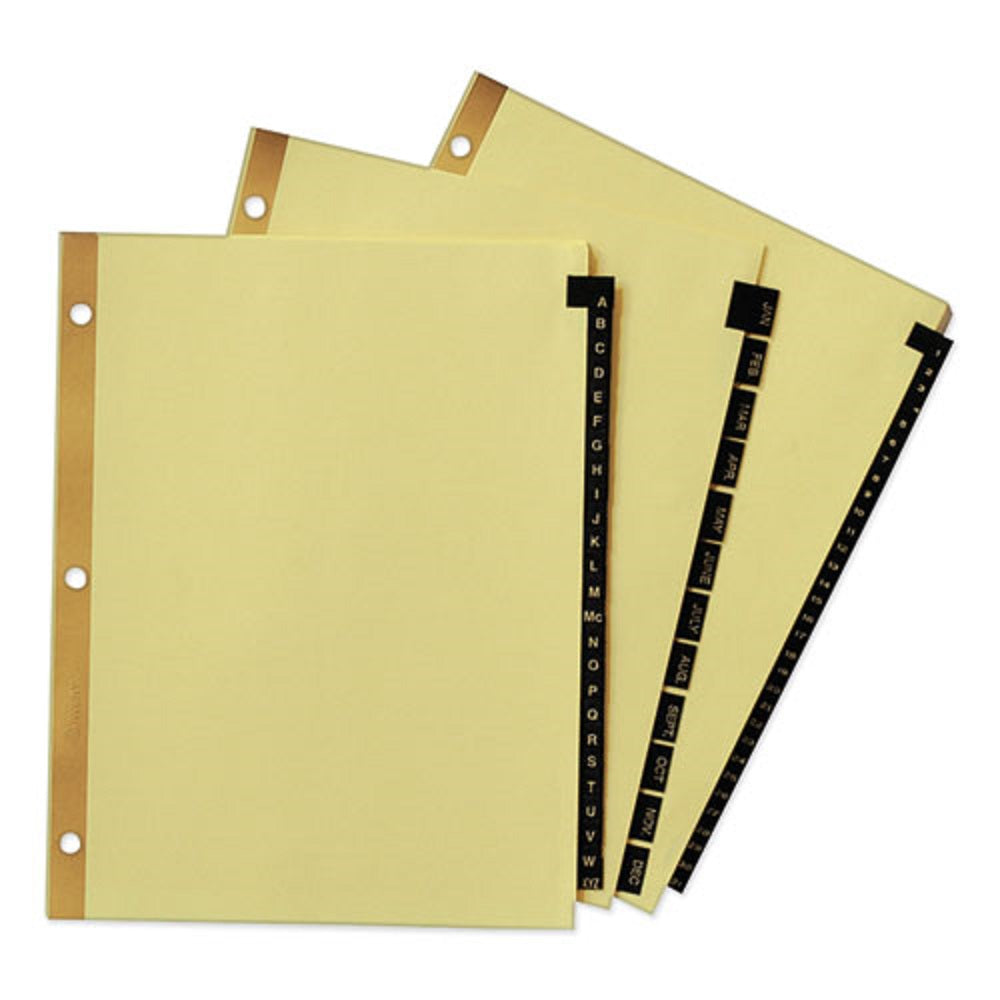 PREPRINTED BLACK LEATHER TAB DIVIDERS W/GOLD REINFORCED EDGE - LETTER