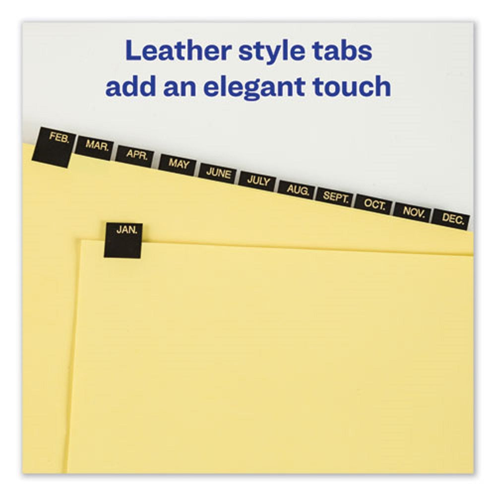 PREPRINTED BLACK LEATHER TAB DIVIDER W/ GOLD REINFORCED EDGE, 12 TAB