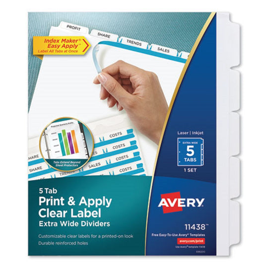 PRINT AND APPLY INDEX MAKER CLEAR LABEL DIVIDERS, 5 WHITE TABS