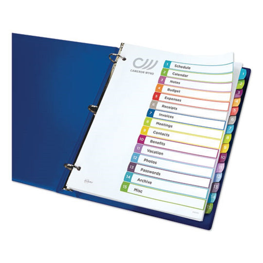 CUSTOMIZABLE TOC READY INDEX - MULTICOLOR DIVIDERS, 1-15 - LETTER