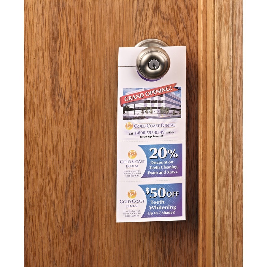 DOOR HANGER W/ TEAR-AWAY CARDS, 97 BRIGHT, 65lb - WHITE