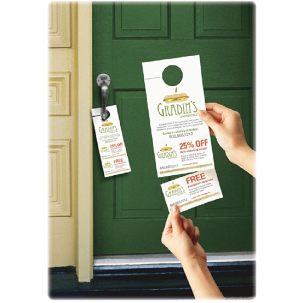 DOOR HANGER W/ TEAR-AWAY CARDS, 97 BRIGHT, 65lb - WHITE