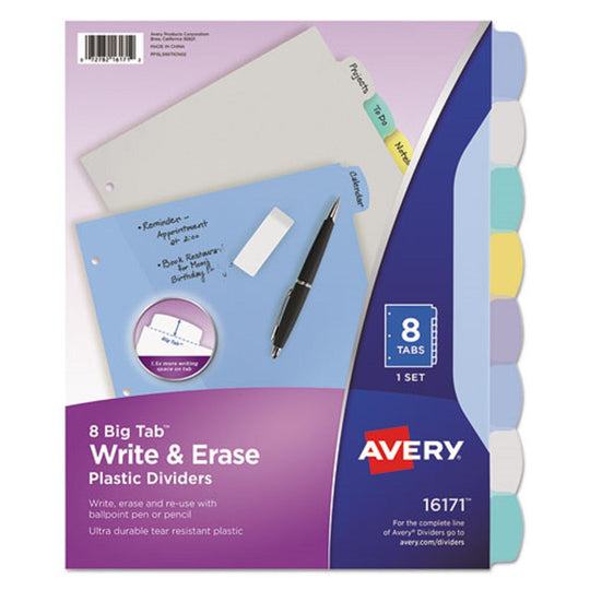 AVERY BIG TAB WRITE & ERASE DURABLE PLASTIC DIVIDERS - 8 MULTICOLOR TABS - 1 SET