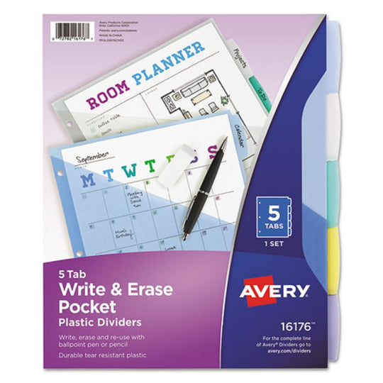 WRITE & ERASE DURABLE PLASTIC DIVIDERS W/ POCKETS - MULTI-COLOR - 5 TABS