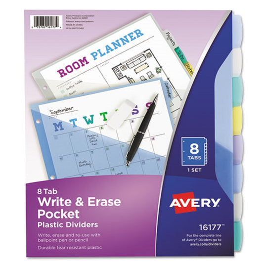 WRITE & ERASE DURABLE DIVIDERS W/ POCKETS - 8 TAB - MULTI-COLOR