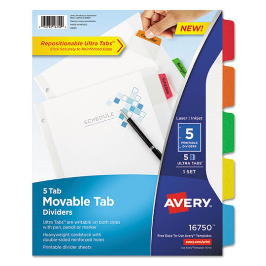 MOVABLE TAB DIVIDERS W/ COLOR TABS, 5 TABS - WHITE