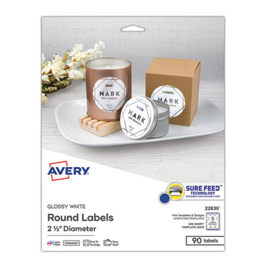 ROUND PRINT TO-THE EDGE LABELS W/ SURE FEED TECHNOLOGY - GLOSSY WHITE