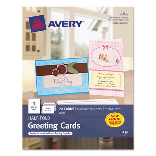 HALF-FOLD GREETING CARDS W/ MATCHING ENVELOPES, INKJET - MATTE WHITE