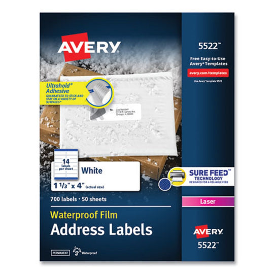 WATERPROOF ADDRESS LABELS W/ TRUE BLOCK & SURE FEED, LASER PRINTERS - WHITE