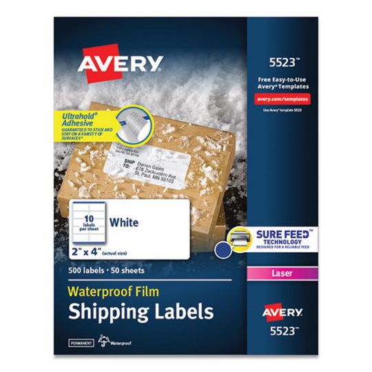 WATERPROOF SHIPPING LABELS W/ TRUEBLOCK & SURE FEED, LASER PRINTERS - WHITE