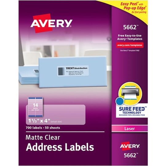 PEEL MAILING LABELS W/ SURE FEED TECHNOLOGY, LASER PRINTERS - MATTE CLEAR