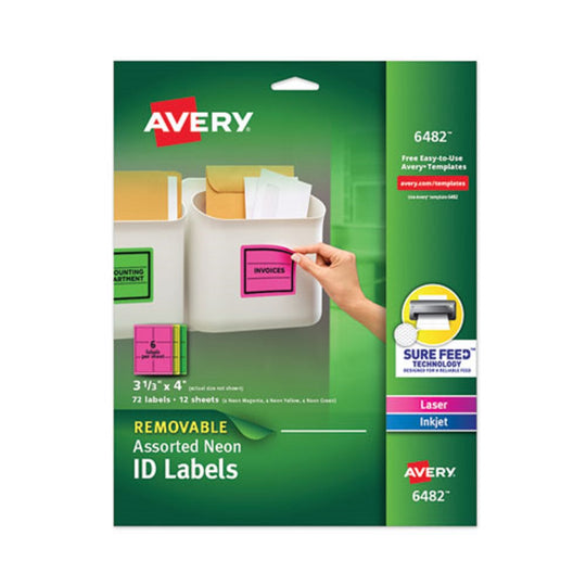 AVERY HIGH-VIS REMOVABLE LASER/ INKJET ID LABELS W/ SURE FEED - NEON