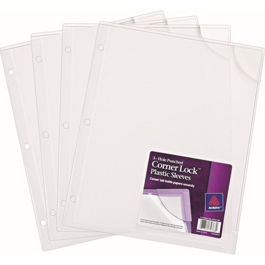 THREE-HOLE PUNCHED CORNER LOCK PLASTIC SLEEVES - CLEAR