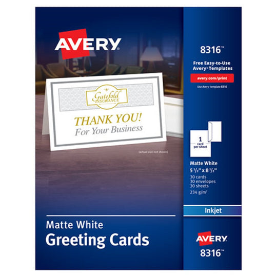 HALF-FOLD GREETING CARDS W/ MATCHING ENVELOPES, INKJET - MATTE WHITE