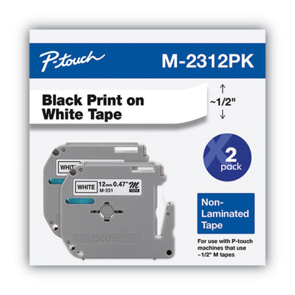 M SERIES TAPE CARTRIDGES for P-TOUCH LABELERS - BLACK ON WHITE - 2/PACK