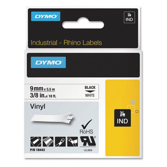 RHINO PERMANENT VINYL INDUSTRIAL LABEL TAPE - WHITE/BLACK PRINT