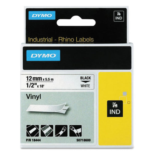 RHINO PERMANENT VINYL INDUSTRIAL LABEL TAPE - WHITE/BLACK PRINT