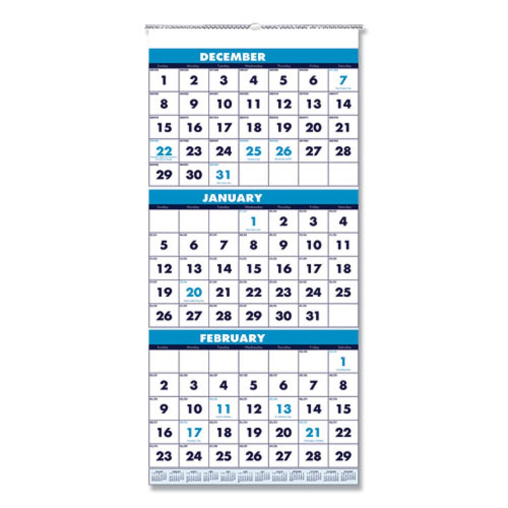 RECYCLED THREE MONTH FORMAT WALL CALENDAR, VERTICAL ORIENTATION - WHITE SHEETS, 14-MONTH (DEC-JAN) 2021-2023