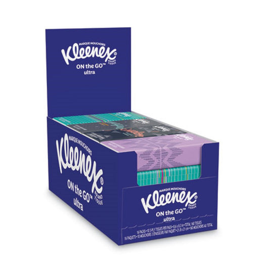 KLEENEX® ON THE GO  PACKS FACIAL TISSUES - 3 PLY - WHITE - 10 SHEETS/PACK - 16 SHEETS/PACK - 12 BOXES/CARTON