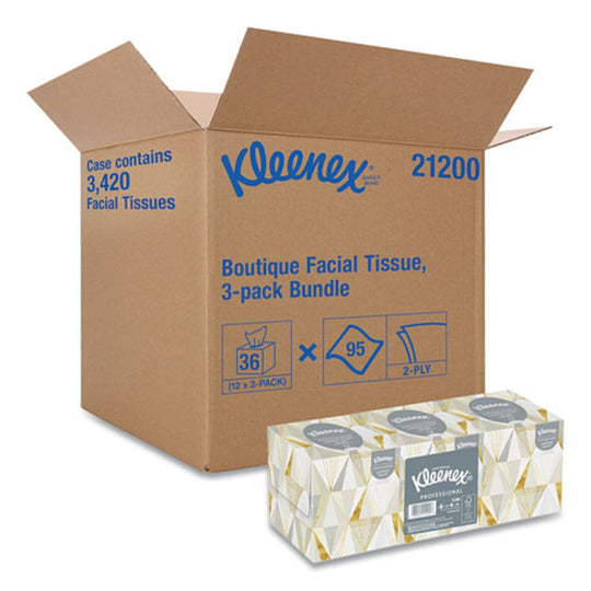 KLEENEX® BOUTIQUE WHITE FACIAL TISSUE - 2 PLY - POP-UP BOX - 95 SHEETS/BOX - 3 BOXES/PACK - 12 PACKS/CARTON