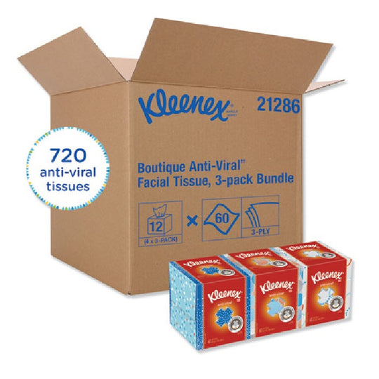 KLEENEX® BOUTIQUE ANTI VIRAL FACIAL TISSUE - WHITE - 3 BOXES/PACK - 4 PACK/CARTON