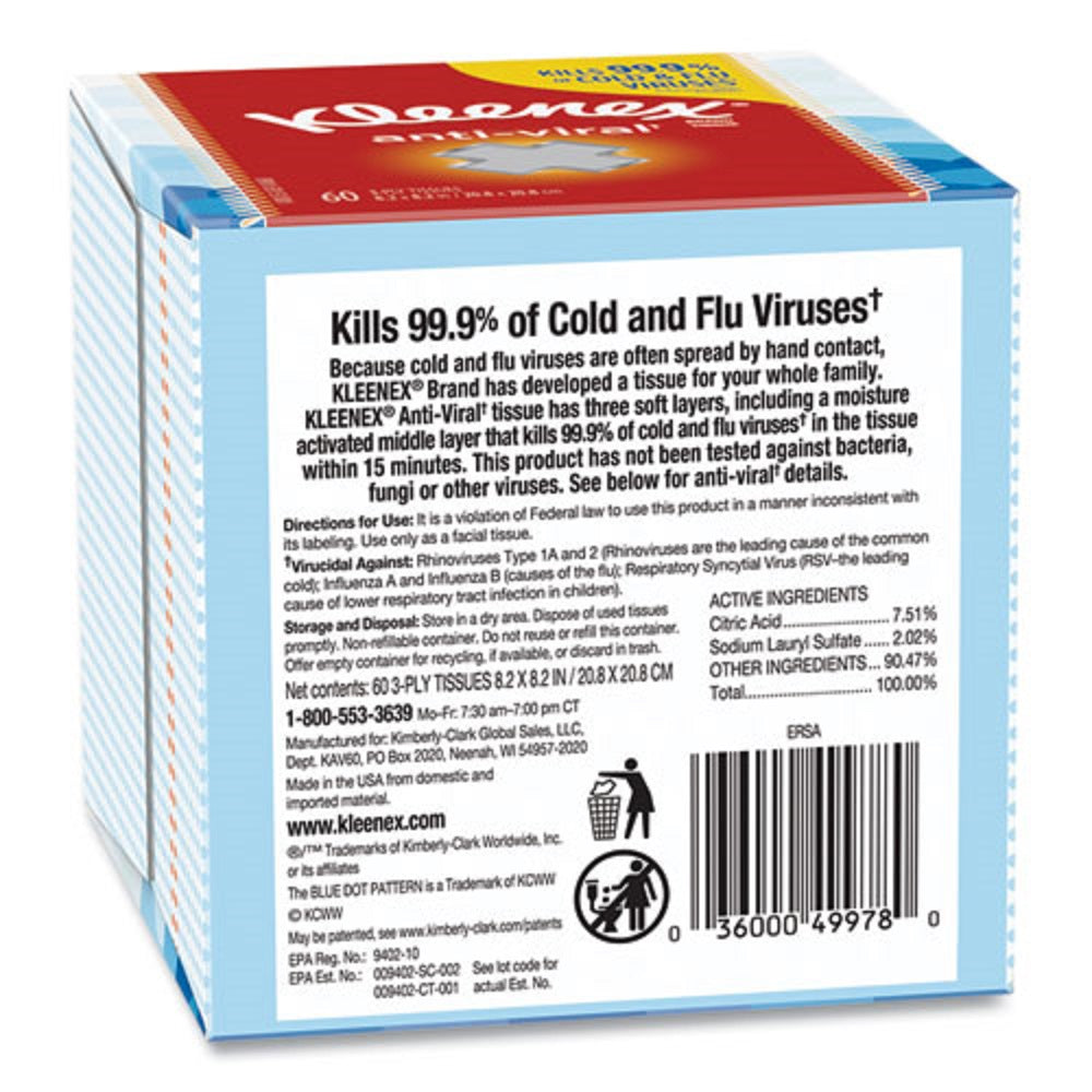 KLEENEX® ANTI VIRAL FACIAL TISSUE - 3 PLY - WHITE - 60 SHEETS/BOX - 27 BOXES/CARTON