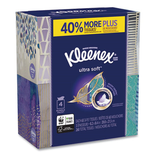 KLEENEX® ULTRA SOFT FACIAL TISSUE - 3 PLY- WHITE - 65 SHEETS/BOX - 4 BOXES/PACK - 12 PACKS/CARTON