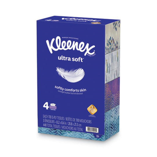 KLEENEX® ULTRA SOFT FACIAL TISSUE - 3 PLY - WHITE - 110 SHEETS/BOX - 4 BOXES/PACK