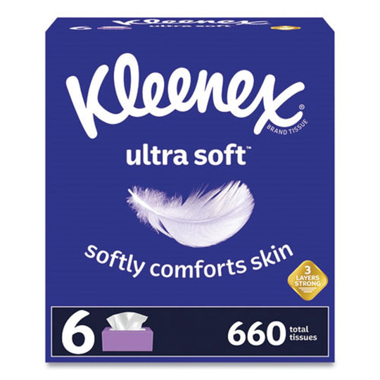 KLEENEX® ULTRA SOFT FACIAL TISSUE - 3 PLY - WHITE - 110 SHEETS/BOX - 6 BOXES/PACK