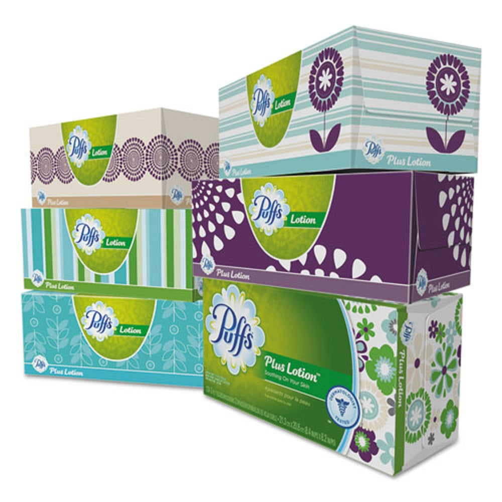 PUFFS PLUS LOTION FACIAL TISSUE - WHITE - 2 PLY - 124 SHEETS/BOX - 3 BOXES/PACK - 8 PACKS/CARTON