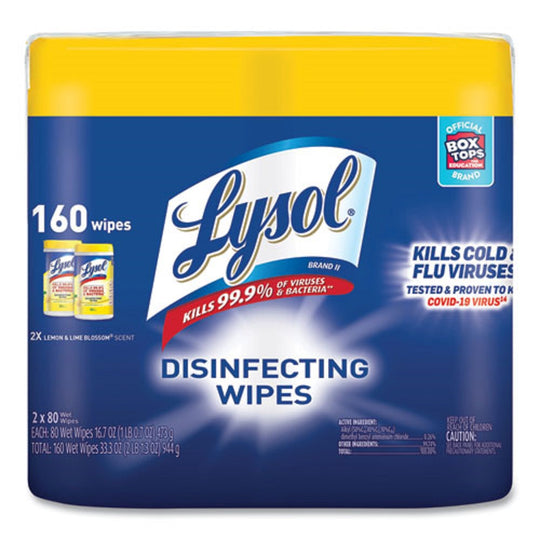 LYSOL DISINFECTING WIPES - LEMON AND LIME BLOSSOM - 80 WIPES/CANISTER - 2 CANISTERS/PACK  - 3 PACKS/CARTON