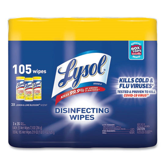 LYSOL DISINFECTING WIPES - LEMON AND LIME BLOSSOM - 35 WIPES/CANISTER - 3 CANISTER/PACK - 4 PACKS/CARTON