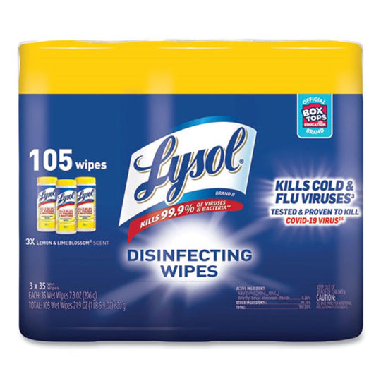 LYSOL DISINFECTING WIPES - LEMON AND LIME BLOSSOM - 35 WIPES/CANISTER - 3 CANISTERS/PACK