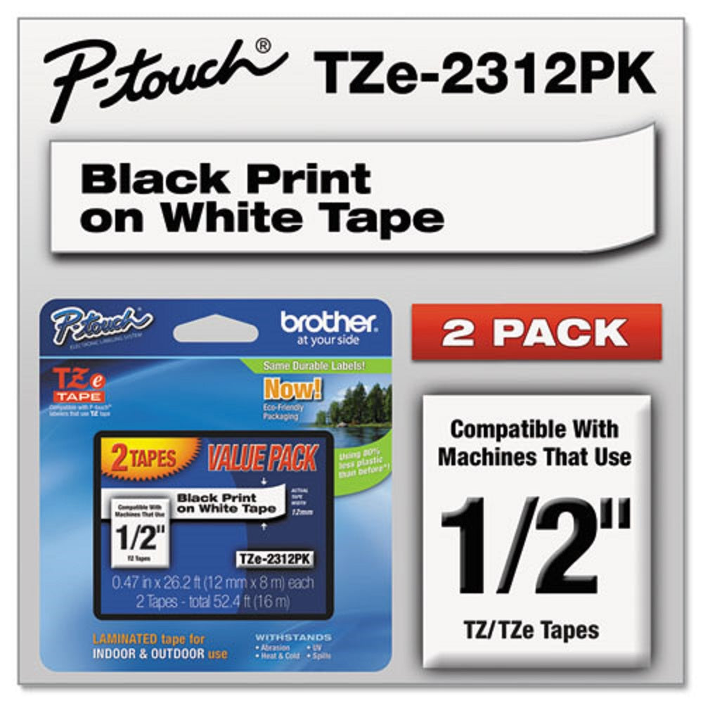 TZe STANDARD ADHESIVE LAMINATED LABELING TAPES - BLACK on WHITE - 2/PACK