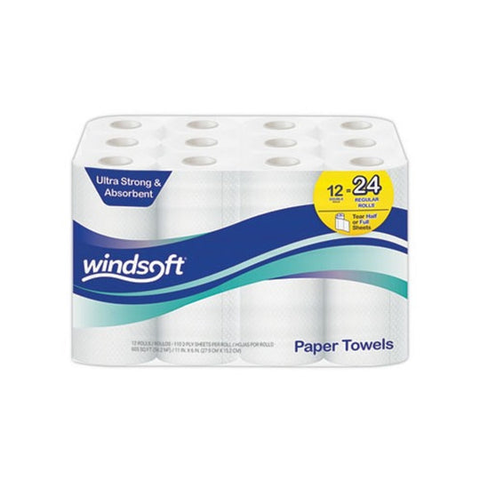 WINDSOFT PREMIUM KITCHEN ROLL TOWELS, 2 PLY - WHITE - 12 ROLLS/CARTON