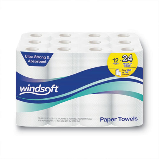 WINDSOFT PREMIUM KITCHEN ROLL TOWELS, 2 PLY - WHITE - 12 ROLLS/CARTON